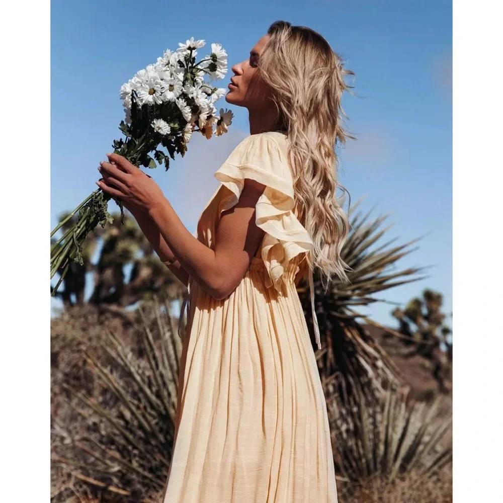 SOLD OUT Cream Gauze Boho Raw Hem Button Maxi Dress - Picture 10 of 11